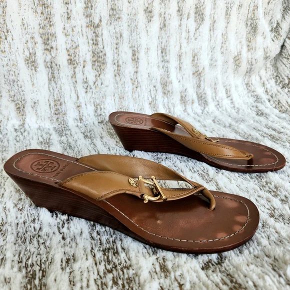 Tory Burch "Nora Mestico Wedge" Brown Leather Thong Sandal | Women's Size 7.5 - Picture 7 of 11